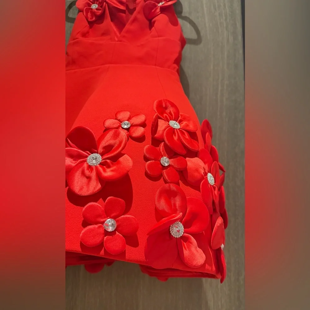 Bronx and Banco Red Floral Appliqué Deep V Mini Dress-RRP$895